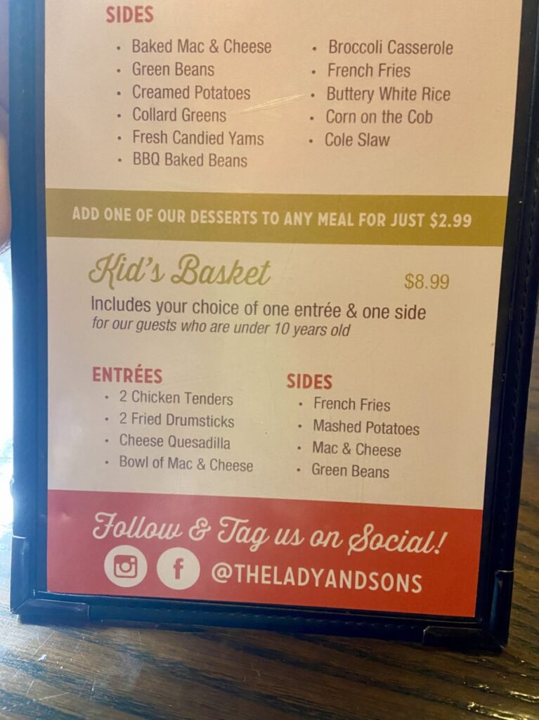 Lady & Sons Menu 6